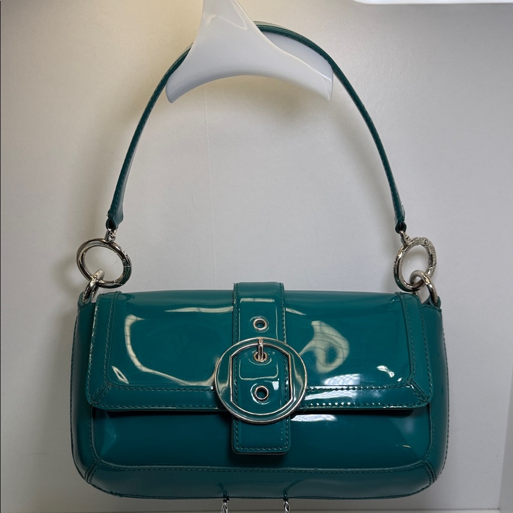 Ann Taylor Patent Teal Shoulder Bag with Buckle - Picture 4 of 15